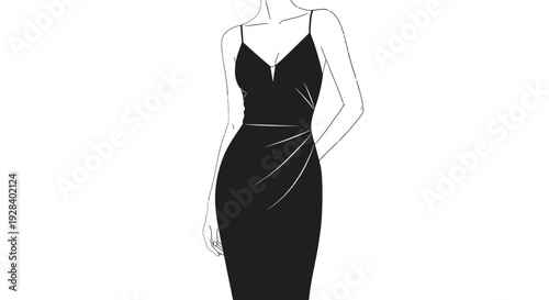 Elegant black evening dress illustration for fashion design.