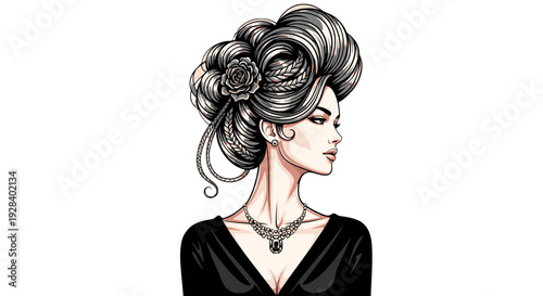 Elegant woman with black hair and black dress.