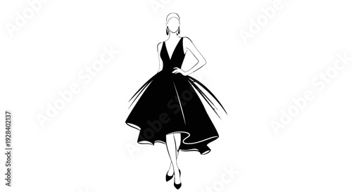 Elegant woman in a black dress walking confidently.