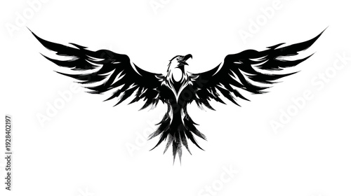 A stylized illustration of a bird with widespread wings, brushstroke-style details against a white background