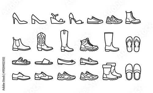 Assorted shoe icons showing boots, sandals and sneakers in grid
