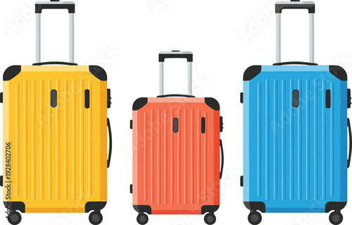 Colorful Travel Suitcase Set with Yellow, Red and Blue Rolling Luggage Bags for Vacation and Trip Illustration