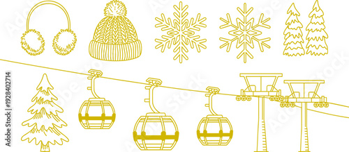 Winter ski resort illustration, yellow line art design with gondolas, snowflakes, pine trees, hat and earmuffs, decorative artwork for posters, prints, decor