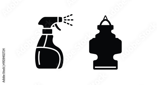 Cleaning spray bottle and pine tree in black silhouette