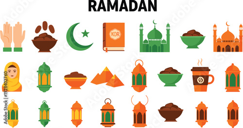 Comprehensive Ramadan and Eid Mubarak icon collection featuring prayer hands, mosque, lanterns, Quran, dates, and crescent moon in flat color style vector illustration.