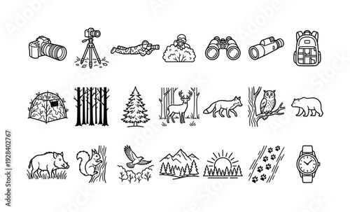 Wildlife and camera equipment icons arranged on white background