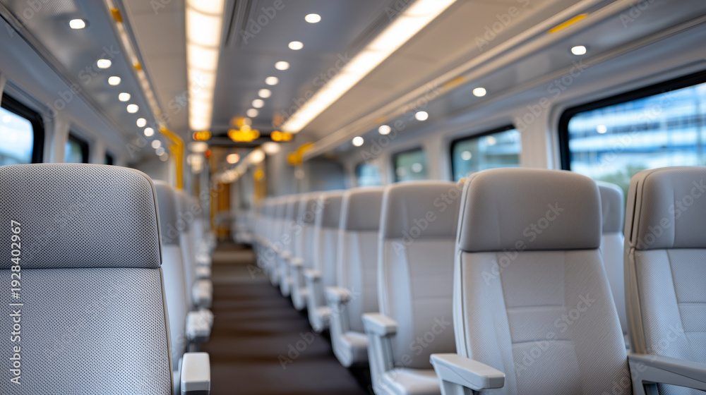 Obraz premium Symmetrical composition of an empty commuter train interior, rows of ergonomic seats in neutral tones, overhead LED lighting casting soft even illumination, reflections along the a