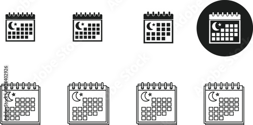 Islamic calendar icon set with crescent moon and star symbols in detailed outline and solid black styles for Ramadan scheduling vector illustration.