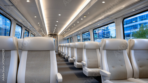 Symmetrical composition of an empty commuter train interior, rows of ergonomic seats in neutral tones, overhead LED lighting casting soft even illumination, reflections along the a