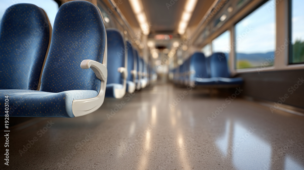 Obraz premium Close-up perspective along the aisle, polished floor reflecting LED lights, empty upholstered seats on either side, handrails and overhead luggage racks softly fading into the dist