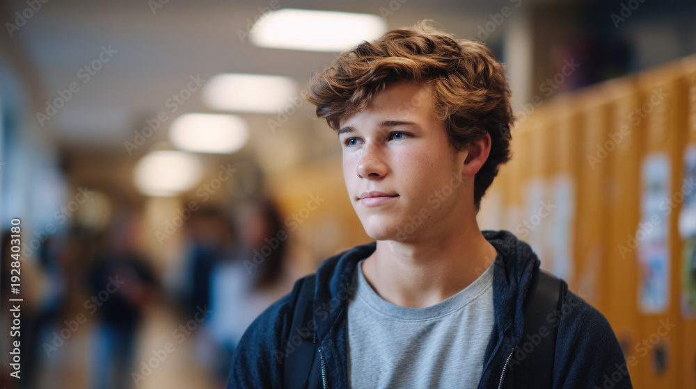 Fototapeta premium Cinematic side-profile of a student standing alone in a brightly lit school hallway, blurred classmates chatting in the background, soft focus on the studentâs hesitant expression,