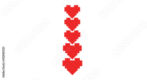 Four red pixelated hearts aligned vertically, symbolizing love and affection in a digital illustration style