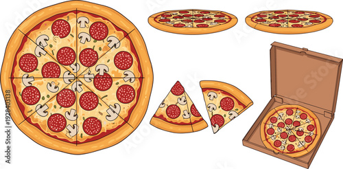 Cartoon pepperoni pizza set with slices and box, delicious fast food illustration, modern flat vector design isolated on white background collection