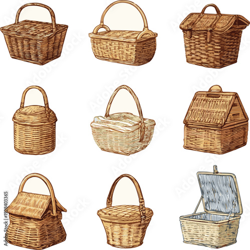 Create a Hand drawn picnic baskets collection vector art of white background