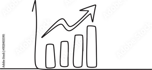 Continuous line graph illustrating business growth trend upward with increasing statistics and rising arrow indicator