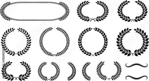 Black Laurel Wreath and Decorative Frame Collection with Vintage Floral Borders and Award Emblem Elements