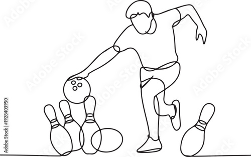 Man bowling with bowling ball and pins in action, dynamic pose, continuous line art