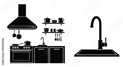 Minimalist kitchen scene with appliances and cookware a black silhouette