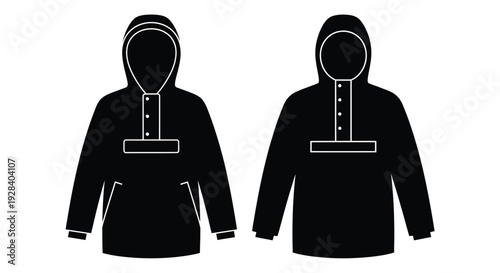 Two black hooded sweatshirts presented as a stark outline silhouette