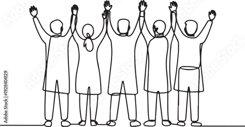 Group of people celebrating victory together with raised hands in a joyful illustration