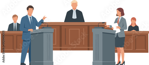 Courtroom debate vector illustration, lawyer and attorney presenting arguments before judge isolated on white background legal trial justice concept