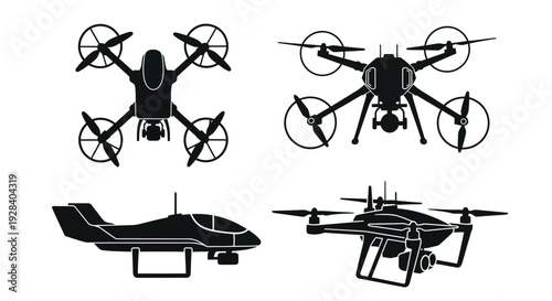 Various drone designs displayed in a black graphic silhouette