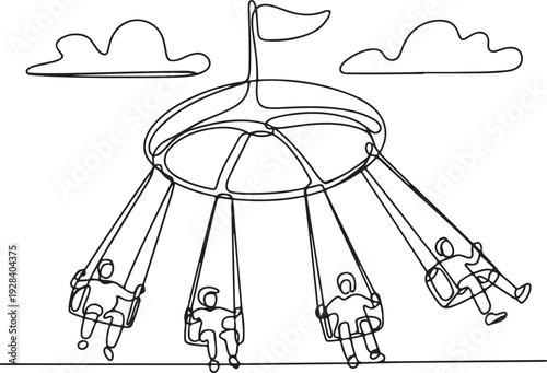 Children on a merry-go-round swinging high in the air outside on a cloudy day