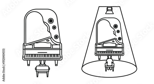 Two grand pianos depicted in a striking black outline silhouette