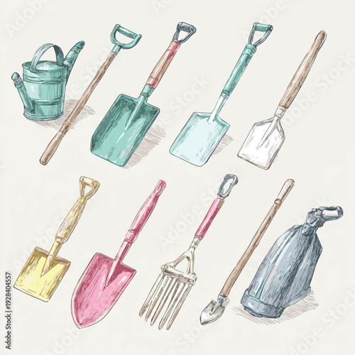 Create a Hand drawn gardening tools collection vector art of white background
