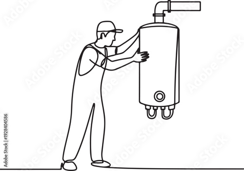Man in overalls installing water heater in a residential setting from a front viewpoint