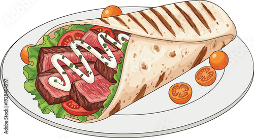 Grilled meat wrap with fresh vegetables and sauce on plate, delicious street food illustration, gourmet fast meal isolated on white background