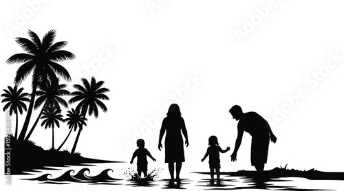 A family of four walking on a beach at sunset with silhouette of palm trees
