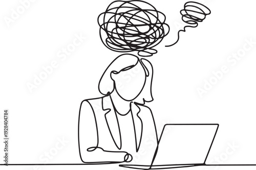 Woman intensely working on laptop with tangled thoughts above her head in a cluttered mental state