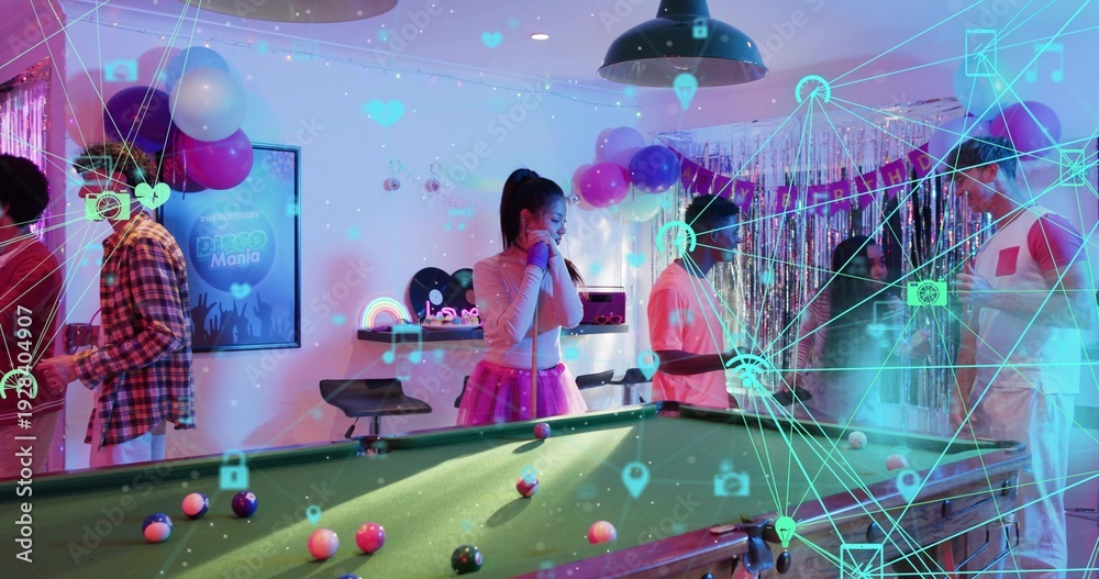 Fototapeta premium Playing guests in festive outfits around green-felt pool table at party room, with cues, AR overlay
