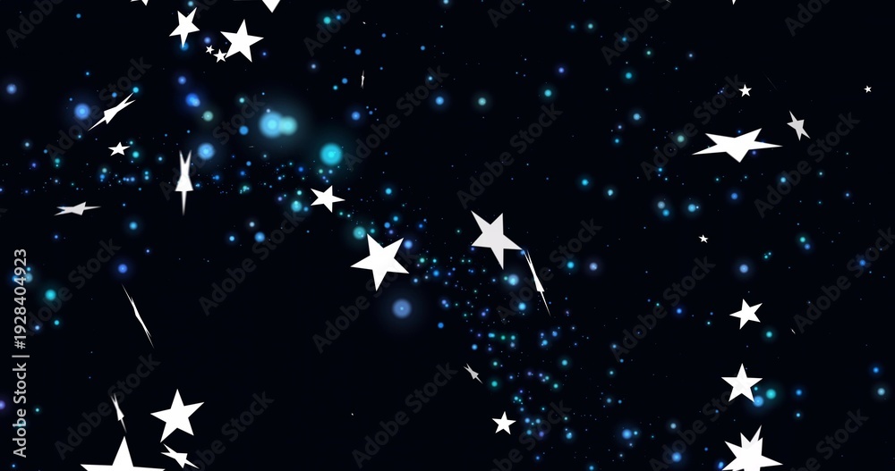 Obraz premium Glowing stylized stars and blue particle band stretching across navy space, with light trails