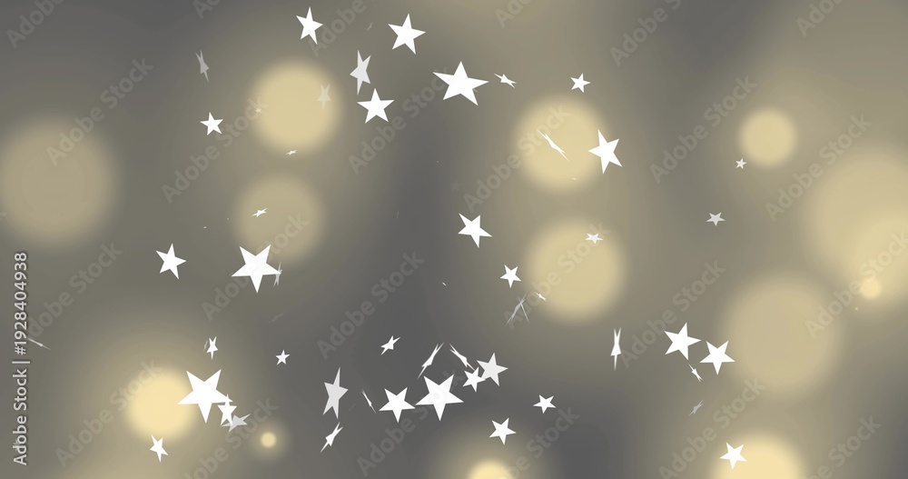 Fototapeta premium Scattering white five-pointed stars creating depth on grey-beige canvas with warm golden bokeh