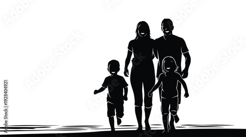 Silhouette of a family of three walking together on a plain background