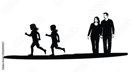 Silhouette of a family with two adults and two children walking together in a line on a plain background