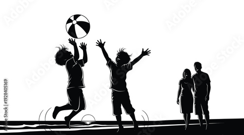 Silhouette of people playing volleyball on the beach at sunset with friends watching