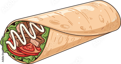 Grilled meat wrap sandwich with fresh vegetables and sauce, delicious street food illustration isolated on white background design