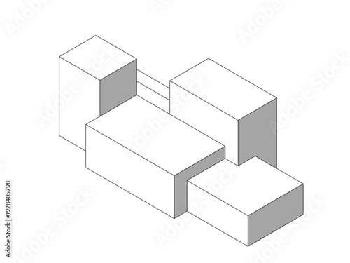 Minimal isometric building mass diagram with simple block forms. Clean architectural concept illustration suitable for planning, urban design presentation, and development visualization.