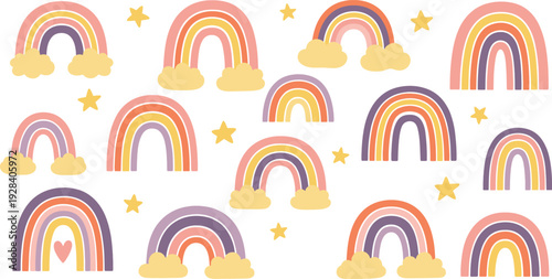 Cute pastel rainbow collection with clouds and stars in boho nursery style seamless vector illustration set