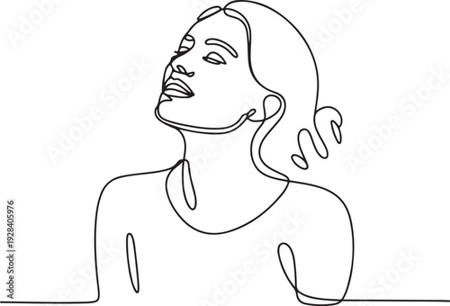 Continuous line drawing of a woman with flowing hair looking upwards in a relaxed pose