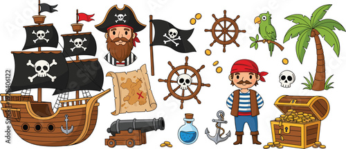 Cute pirate adventure collection with ship treasure chest map parrot cannon and island vector illustration set
