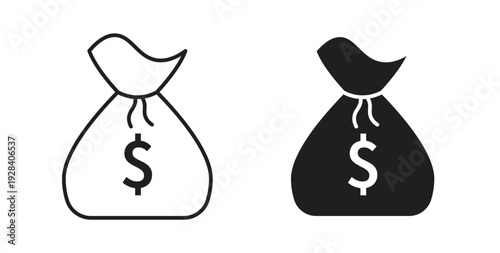 Money bag icon style design pack on white background. Thin line and clipart style