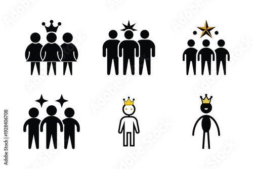 Group of people icons with crown star and sparkles abstract vector set