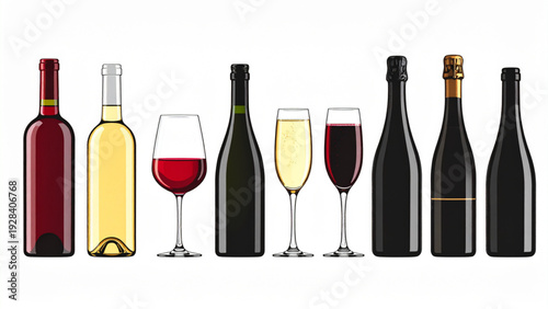 Wine Bottle and Glass Silhouette Vector Set for Restaurant Menu and Bar Design