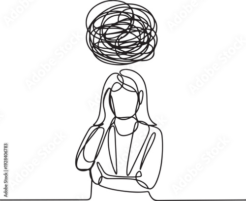 A woman contemplating complex thoughts represented by a tangled web of lines above her head in a simple line drawing