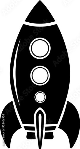 Black and white illustration of a rocket ship