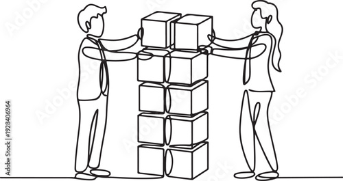 Man and woman stacking boxes together in a warehouse from a side view